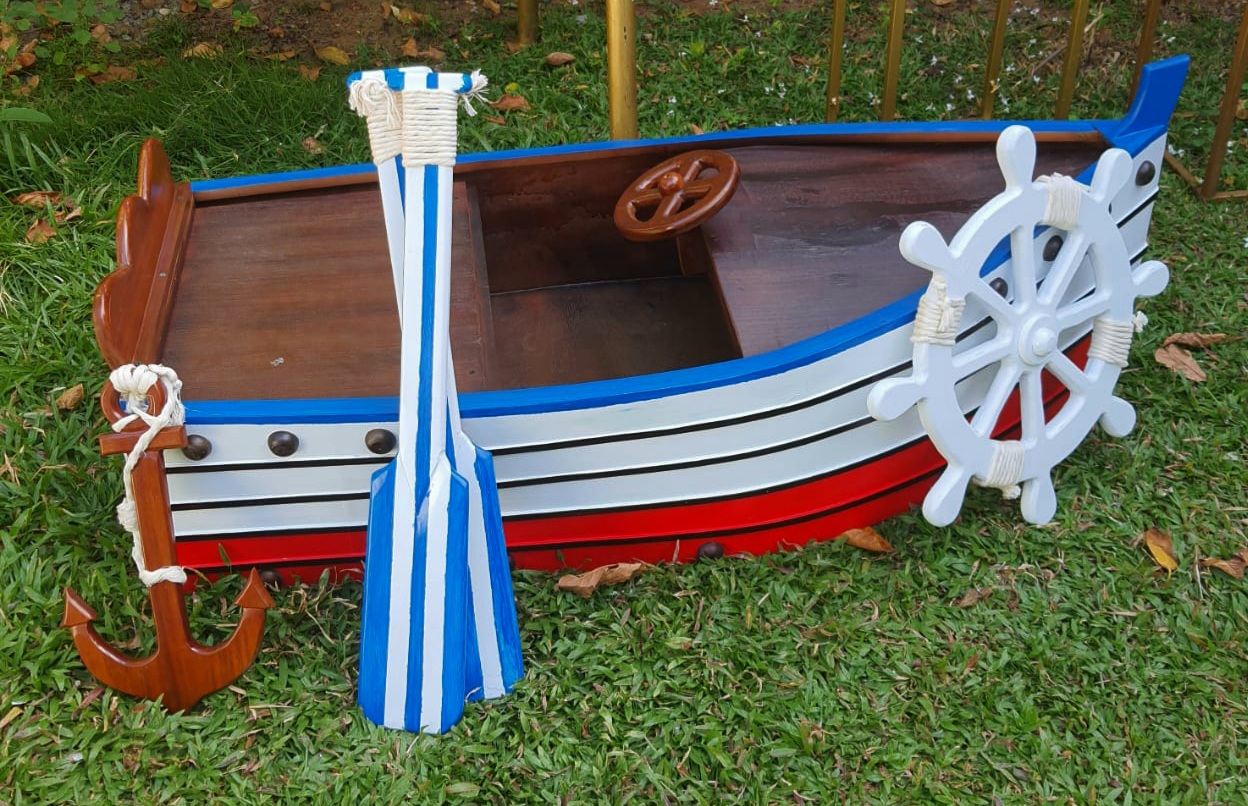 Board- Length 55"/ Width 25"/ Hight 20"
Anchor- Length 16"/ Width 9"
Rowing oars- Length 29"/ Width 4 1/2"
Steering wheel- Diameter 21"