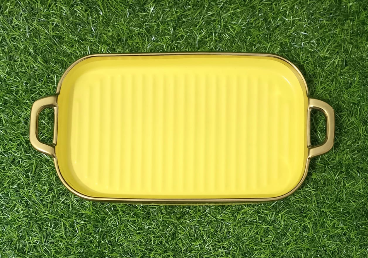 ceramic platter with gold handle yellow