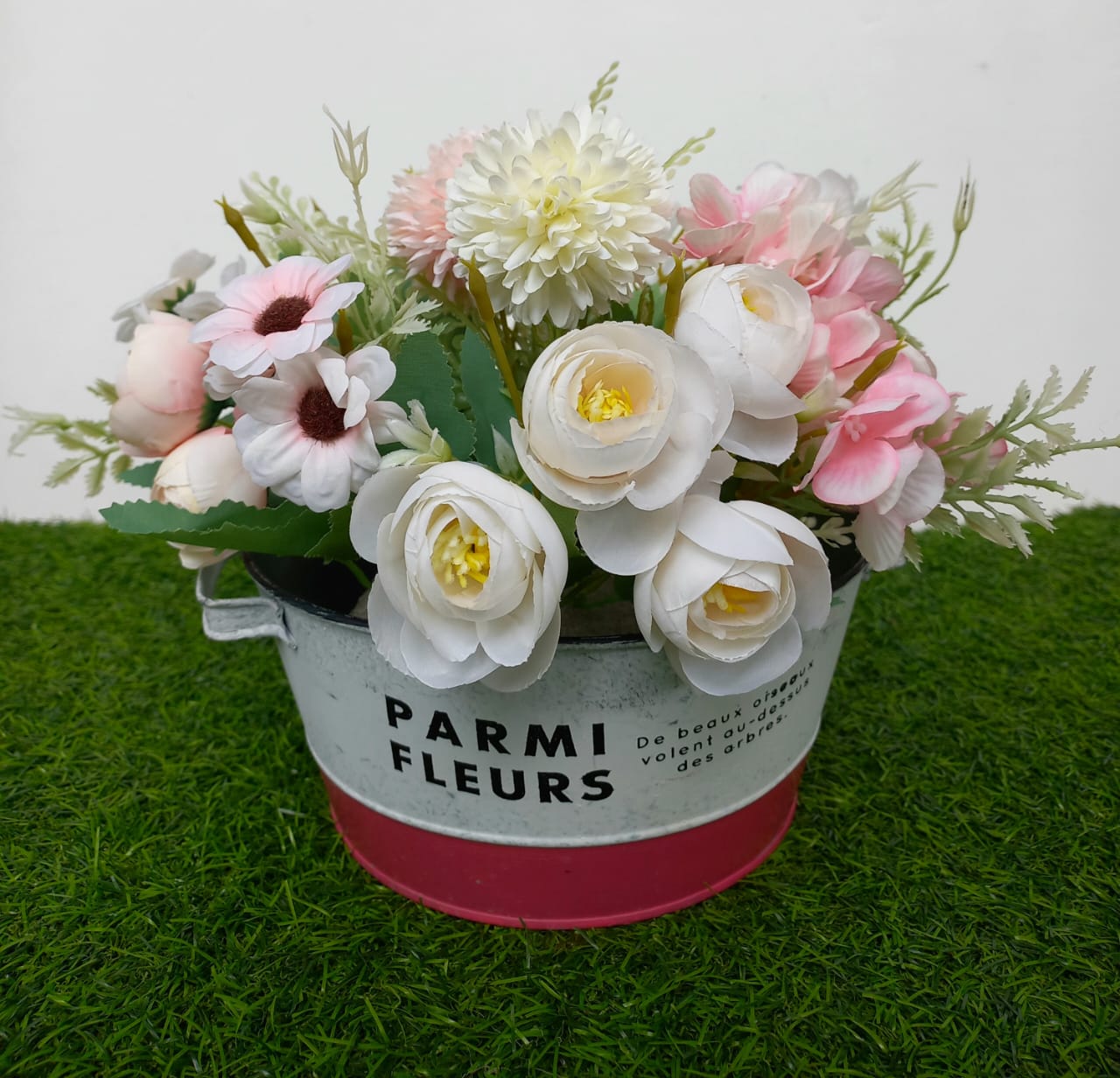 Flat Hot Pink Vase With Pink & White Large Flowers