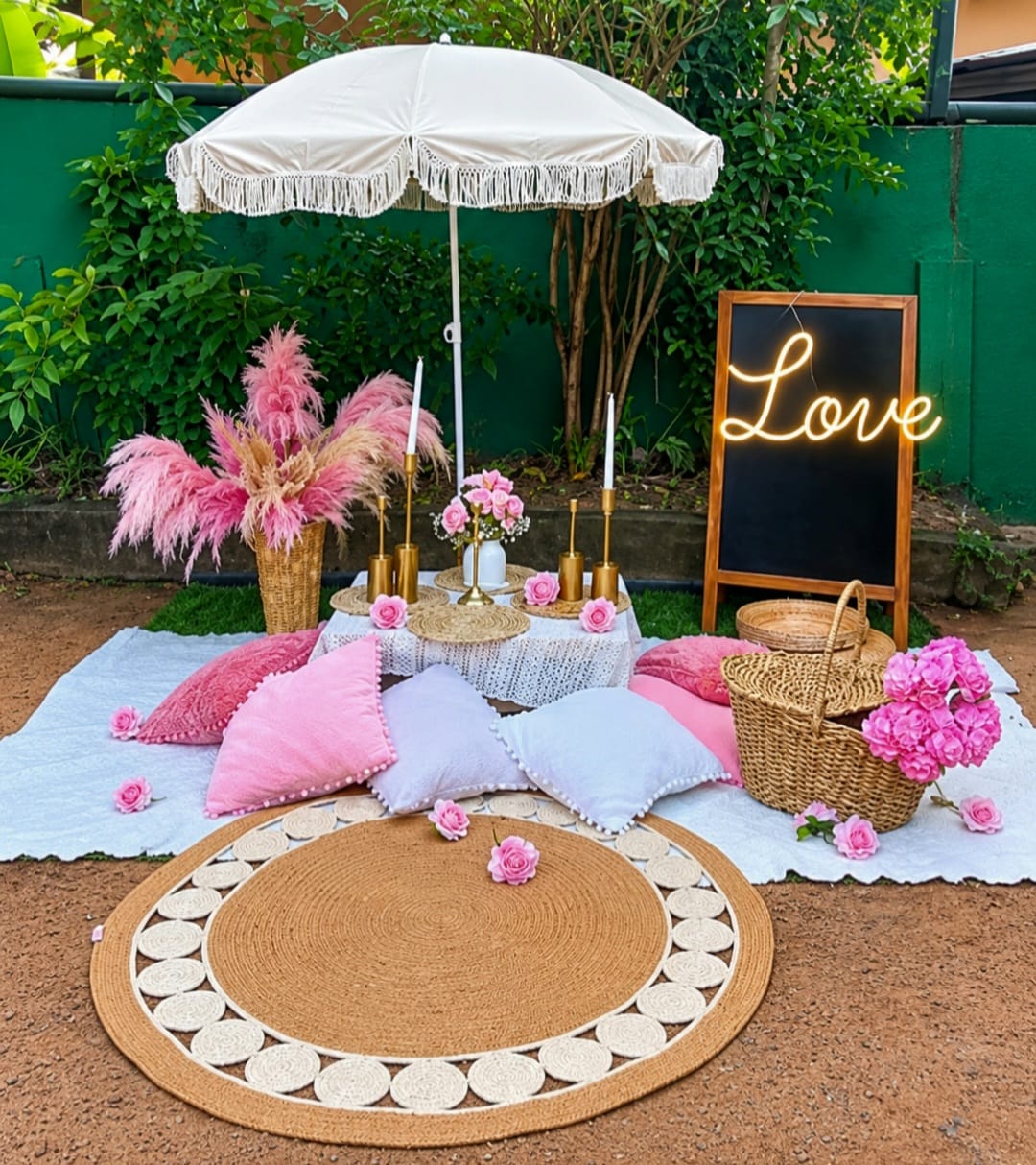 Picnic Theme SetUp / Pink / White / Rattan